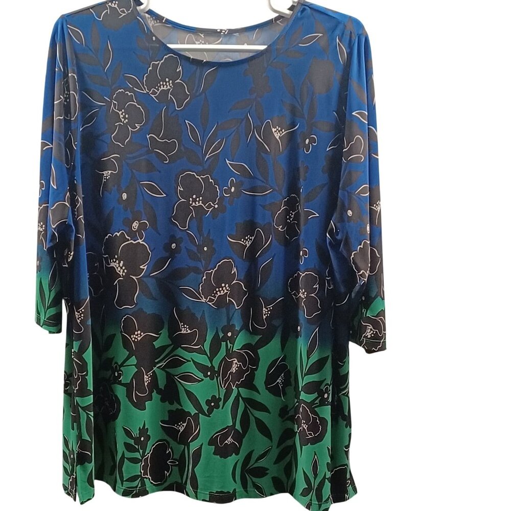 Plus Size Coastal Boho Multi Color Floral Tunic Top 3/4 Sleeve Relaxed Fit Wm 4X